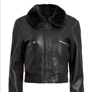 Maje Shearling Trimmed Leather Bomber Jacket size38